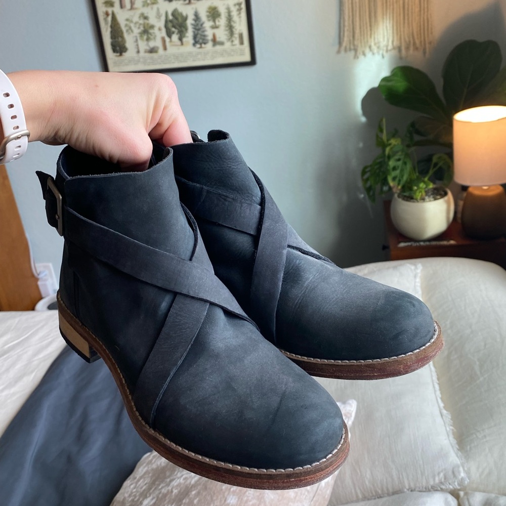 Free People Leather Buckle Boots, Stone Grey Size 37